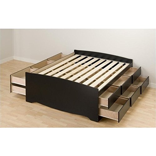 Prepac Tall Queen Captain's Platform Storage Bed with 12 Drawers, Black