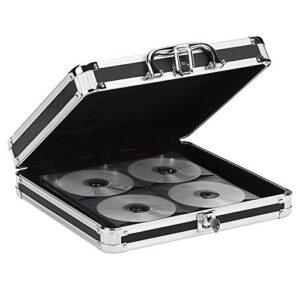 vaultz locking dvd storage case - secure organizer 128 cd holder, video game binder and media book for travel w/key and carrying handle, black-silver