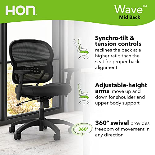 HON Wave Office Chair Mid Back Mesh Ergonomic Computer Desk Chair - Adjustable Arms, Lumbar Support, Synchro-Tilt Tension Angle Lock Recline, Comfortable Cushion, 360 Swivel Rolling Wheels - Black