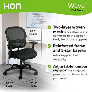 HON Wave Office Chair Mid Back Mesh Ergonomic Computer Desk Chair - Adjustable Arms, Lumbar Support, Synchro-Tilt Tension Angle Lock Recline, Comfortable Cushion, 360 Swivel Rolling Wheels - Black