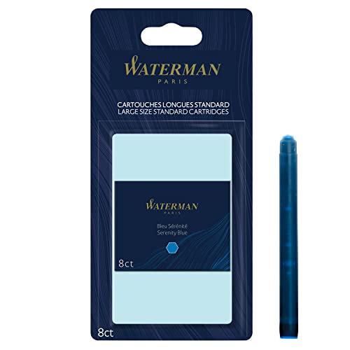 Waterman Fountain Pen Ink Cartridges, Long, Serenity Blue, 8 Count, Blister Pack