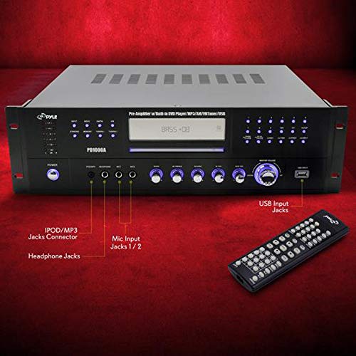 Pyle Home 4 Channel Pre Amplifier Receiver - 1000 Watt Compact Rack Mount Home Theater-Stereo Surround Sound Preamp Receiver W/ Audio/Video System, CD/DVD Player, AM/FM Radio, MP3/USB Reader PD1000A