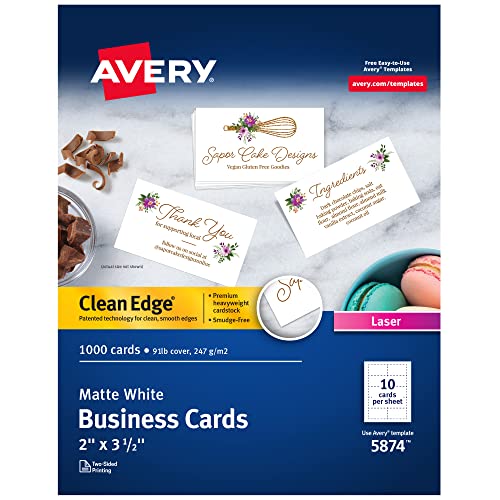 Avery Clean Edge Printable Business Cards with Sure Feed Technology, 2" x 3.5", White, 1,000 Blank Cards for Laser Printers (5874)