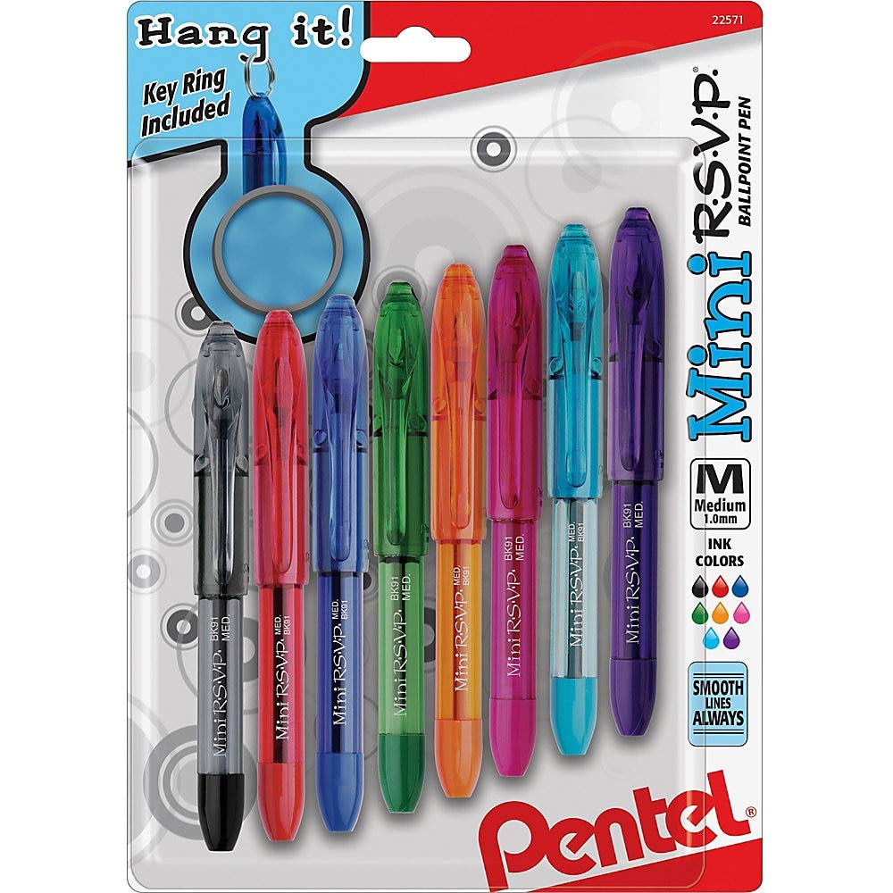 RSVP Mini Ballpoint Pen, (1.0mm) Medium Line, Assorted Ink (A/B/C/D/F/P/S/V) w/Key Ring, 8-Pk (BK91MNBP8M)