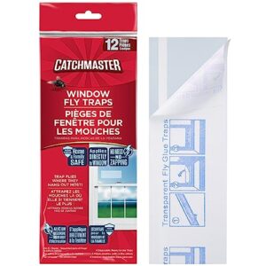 window fly traps by catchmaster - 12 count, ready to use indoors. insect, bugs, fly & fruit fly glue adhesive sticky paper - waterproof easy application ready disposable non-toxic