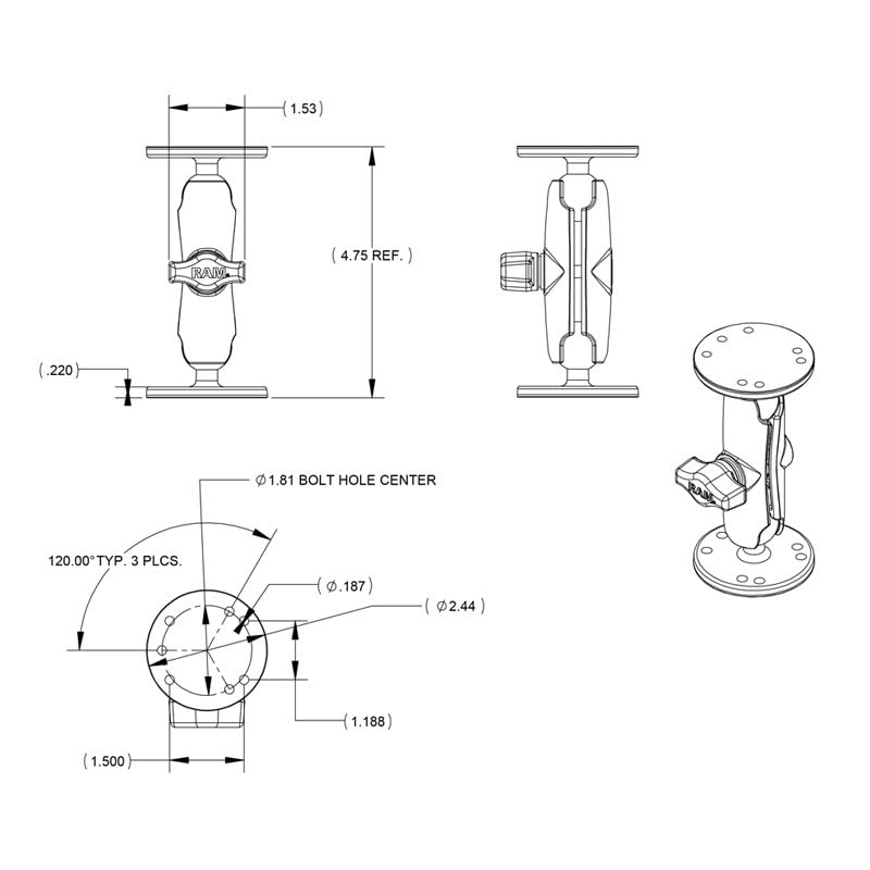 RAM Mounts Universal Double Ball Mount with Two Round Plates RAM-B-101U with Medium Arm for Drill-down Mounting