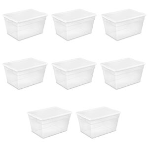 sterilite 16598008 56 quart/53 liter storage box, white lid w/ clear base, 8-pack