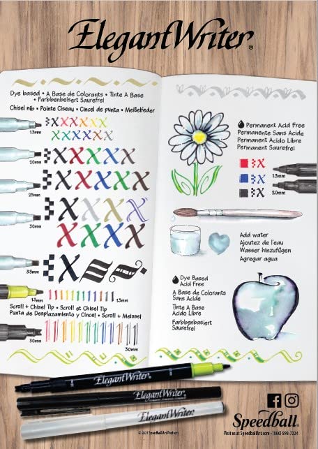 Speedball Elegant Writer Calligraphy 6 Marker Set, Assorted Colors, 3.0 mm Chisel Nib Tip Pens for Drawing, Journaling, and Scrapbooking