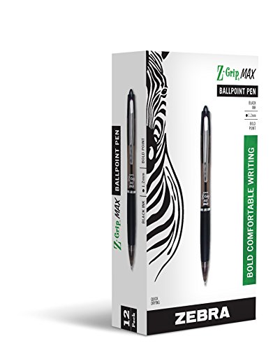 Zebra Pen Z-Grip MAX Ballpoint Retractable Pen, Black Ink, Bold, Dozen (20510)