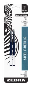 zebra f-series ballpoint stainless steel pen refill, medium point, 1.0mm, 2-count, various color