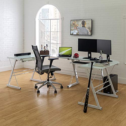 Walker Edison Ellis Modern Glass Top L Shaped Corner Gaming Desk with Computer Keyboard Tray, 51 Inch, White