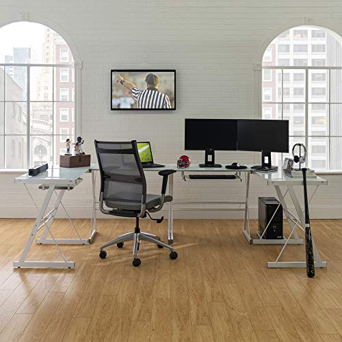 Walker Edison Ellis Modern Glass Top L Shaped Corner Gaming Desk with Computer Keyboard Tray, 51 Inch, White