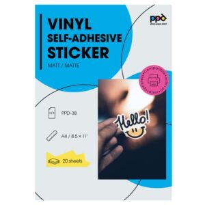 ppd 20 sheets inkjet creative media matte self adhesive vinyl sticker paper 8.5x11 premium commercial grade 4.7mil thick full sheet photo quality instant dry scratch and tear resistant (ppd-38-20)