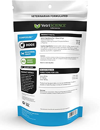 VETRISCIENCE Composure Calming Treats for Dogs Dealing with Anxiety, Separation Stress, Noise, Thunder and Barking - Yummy Flavored Chews Pets Love