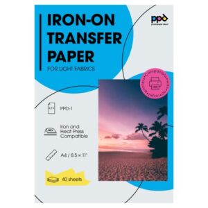 ppd inkjet premium iron-on light t shirt transfers paper ltr 8.5x11” pack of 40 sheets (ppd001-40)