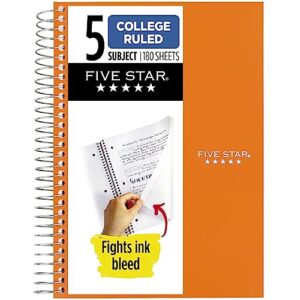 five star small spiral notebook, 5 subject, college ruled paper, 180 sheets, 9-1/2" x 6", color will vary, 1 count (06184)