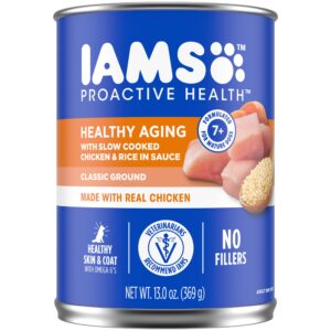 iams proactive health healthy aging wet dog food classic ground with slow cooked chicken and rice, 12-pack of 13 oz. cans