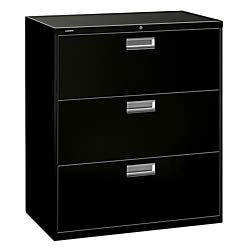 hon brigade 3-drawer filing cabinet - 600 series lateral legal or letter file cabinet, black (h683)