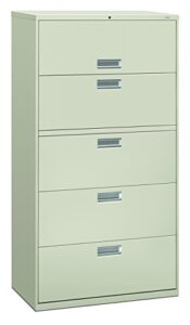 hon brigade 600 series lateral file, 4 legal/letter-size file drawers, 1 roll-out file shelf, light gray, 36" x 18" x 64.25"