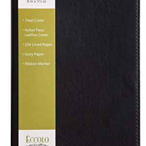 Eccolo Simple Professional Journal Notebook, Flexible Faux Leather Cover, A5 Notebook With Lined Ivory Pages, Lay Flat, Ribbon Bookmarks (Black, 5.5x8 Inches)