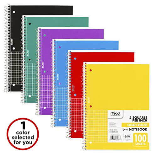 Mead Spiral Notebook, 1-Subject, Graph Ruled Paper, 7-1/2" x 10-1/2", 100 Sheets, Color Will Vary (05676)