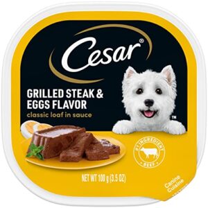 cesar soft wet dog food classic loaf in sauce grilled steak and eggs flavor, easy peel trays, 3.5 ounce (pack of 24)
