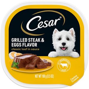 CESAR Soft Wet Dog Food Classic Loaf in Sauce Grilled Steak and Eggs Flavor, Easy Peel Trays, 3.5 Ounce (Pack of 24)