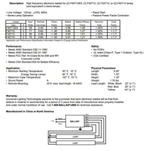 Universal Lighting Technologies B234SR120M-A000I Electronic Ballast, Fluorescent, T12, 2-Lamp, 120V, Black