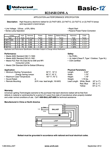 Universal Lighting Technologies B234SR120M-A000I Electronic Ballast, Fluorescent, T12, 2-Lamp, 120V, Black