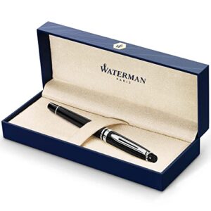 waterman expert rollerball pen, gloss black with chrome trim, fine point with black ink cartridge, gift box