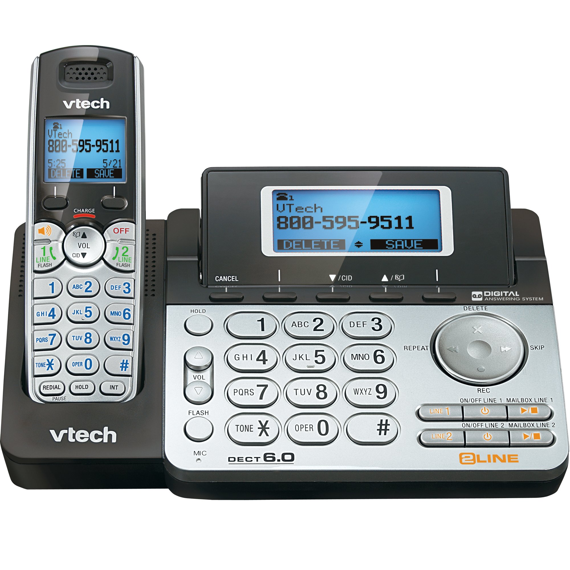 VTech DS6151 2-Line Cordless Phone System for Home or Small Business with Digital Answering System & Mailbox on each line, Black/silver 5" x 8.5" x 6.5" x 4.8"