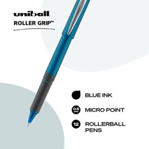 Uniball Roller Grip Pens, Micro Point (0.5mm), Blue, 12 Count