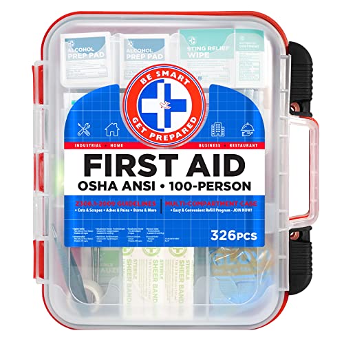 First Aid Kit Hard Red Case 326 Pieces Exceeds OSHA and ANSI Guidelines 100 People - Office, Home, Car, School, Emergency, Survival, Camping, Hunting and Sports