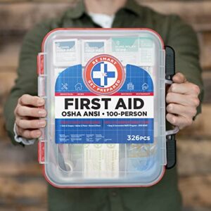 First Aid Kit Hard Red Case 326 Pieces Exceeds OSHA and ANSI Guidelines 100 People - Office, Home, Car, School, Emergency, Survival, Camping, Hunting and Sports