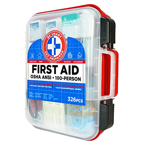 First Aid Kit Hard Red Case 326 Pieces Exceeds OSHA and ANSI Guidelines 100 People - Office, Home, Car, School, Emergency, Survival, Camping, Hunting and Sports