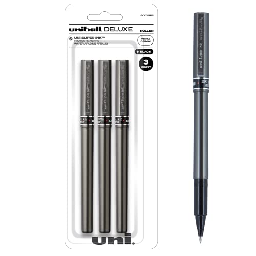 Uni-ball Deluxe Rollerball Pens, Micro Point (0.5mm), Black, 3 Count