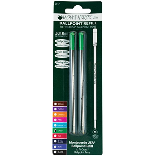 Monteverde Ballpoint Refill to Fit Cross Ballpoint Pens, Medium Point, Soft Roll, Green, 2 per Pack (C132GN)