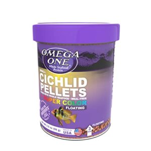 omega one super color floating cichlid pellets, 3mm small pellets, 3.5 oz container