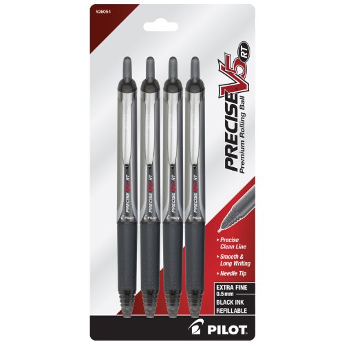 PILOT Precise V5 RT Refillable & Retractable Liquid Ink Rolling Ball Pens, Extra Fine Point (0.5mm) Black Ink, 4-Pack (26054)