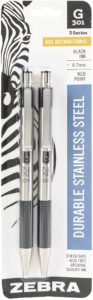 zebra pen g-301 retractable gel ink pen, stainless steel barrel, medium point, 0.7mm, black ink, 2-pack