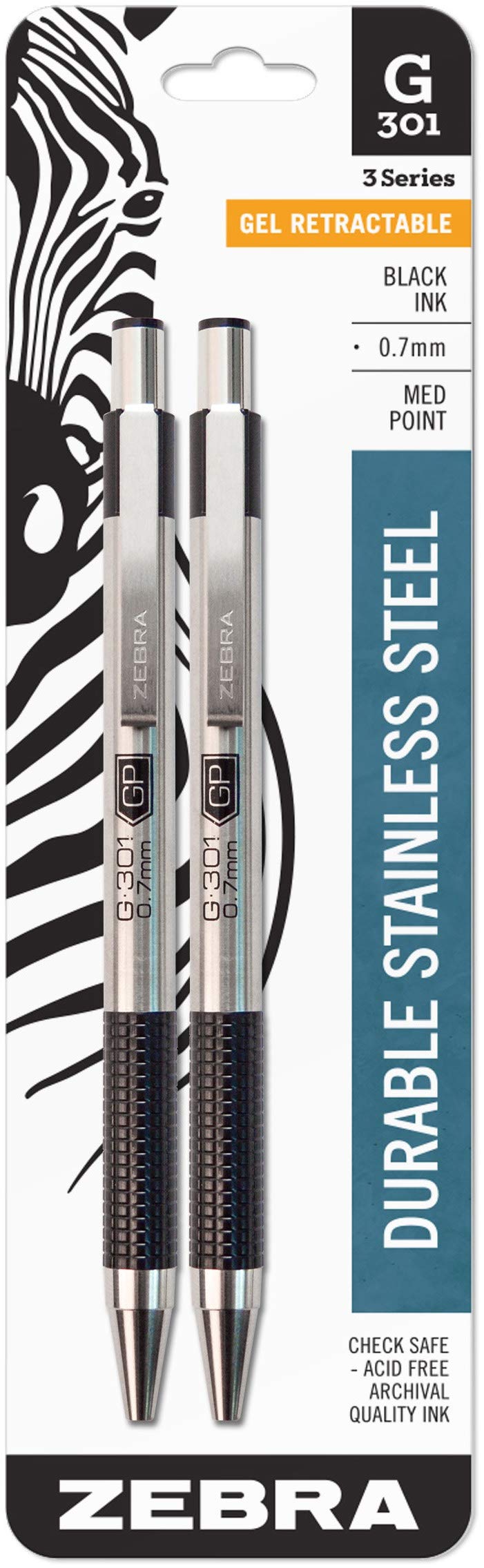 Zebra Pen G-301 Retractable Gel Ink Pen, Stainless Steel Barrel, Medium Point, 0.7mm, Black Ink, 2-Pack
