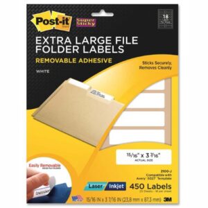 post-it super sticky removable file folder labels, 0.937 x 3.437 inches, white, 450 per pack (2100-j)