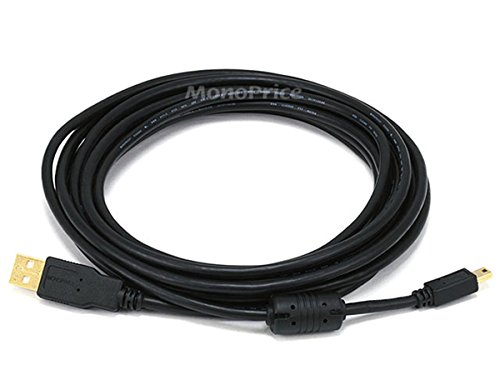 Monoprice 15-Feet USB 2.0 A Male to Mini-B 5pin Male 28/24AWG Cable with Ferrite Core (Gold Plated) (105450),Black