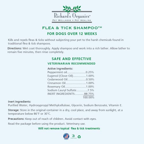 Richard’s Organics Flea&Tick Shampoo for Dogs-100% All-Natural Actives Kills Fleas,Ticks&Repels Mosquitos-Flea Shampoo is Gentle,Won’t Dry Skin,Great Smelling Essential Oils (12oz bottle),FG00440