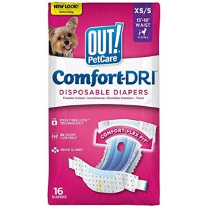out! pet care disposable female dog diapers - absorbent with leak proof fit - xs/small (waist 13-18in) - 16 count