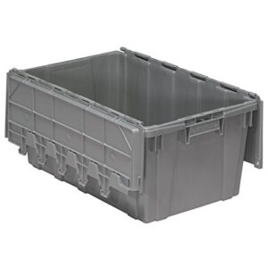 akro-mils 39160 industrial plastic storage tote with hinged attached lid, (27-inch l by 17-inch w by 12-inch h), gray, (4-pack)