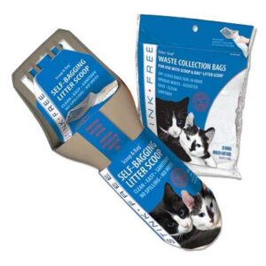 stink free cat scoop & bag - self-bagging & poop scooping kitty litter scoop (with 21 free samples of odor seal cat waste litter bags for poop & urine) cleaning supplies for your litter