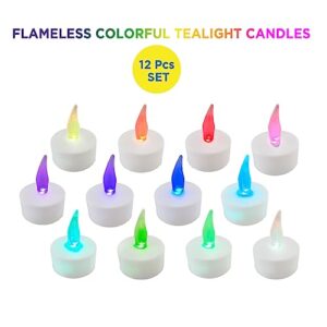 Lily's Home Color Changing Tea Lights Candles - Battery Operated LED Flameless Candles with Seven Rainbow Colors for Halloween Decorations, Electric Votive Candles. White Base. (Set of 12)