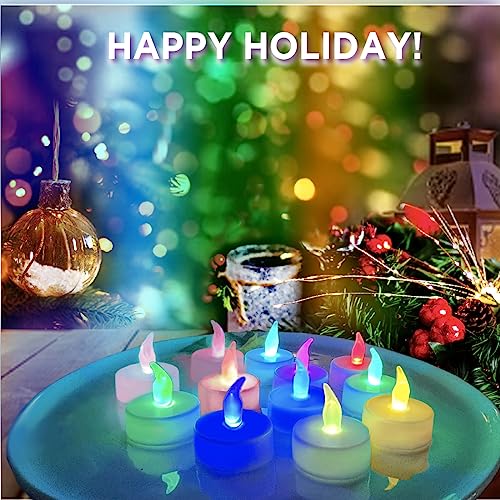 Lily's Home Color Changing Tea Lights Candles - Battery Operated LED Flameless Candles with Seven Rainbow Colors for Halloween Decorations, Electric Votive Candles. White Base. (Set of 12)