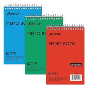 ampad efficiency pocket notebook, recycled, 4 x 6 inches, single wire, top open, assorted covers,3 notebooks per pack, red/blue/green (45-094)